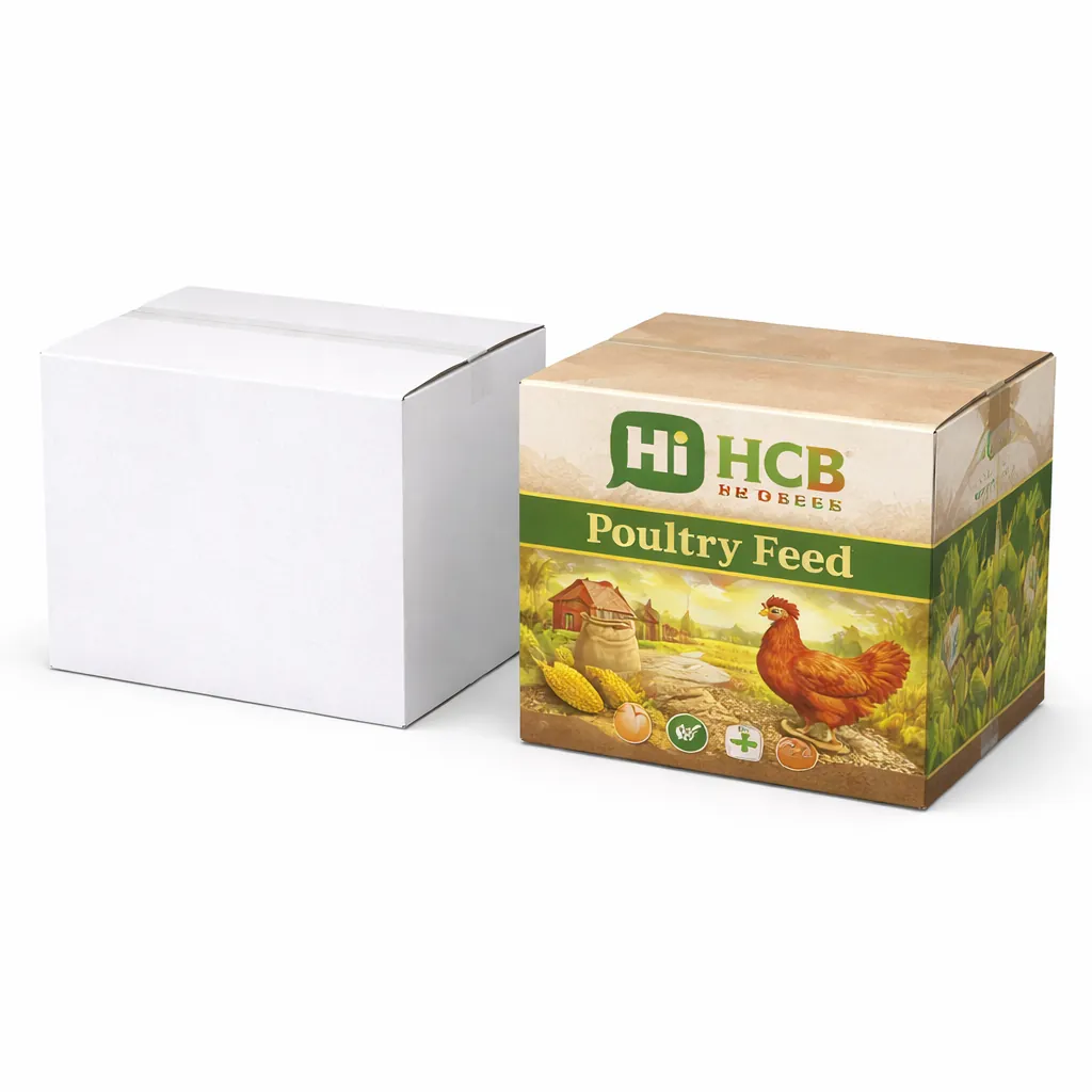 Two drawer-style slide boxes, one plain white and one featuring custom green poultry feed designs. class=